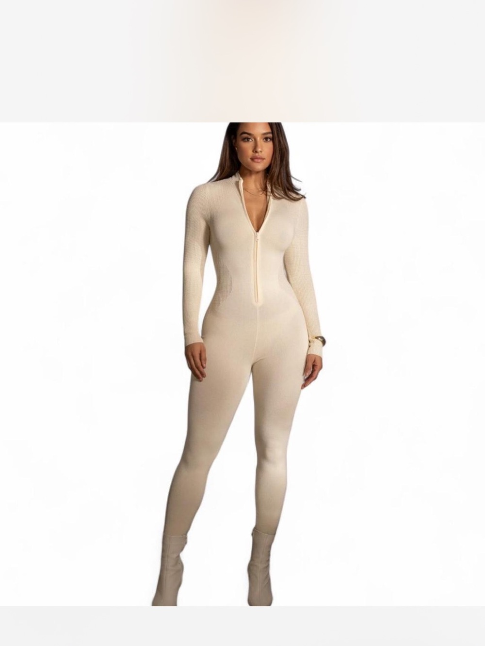 JLUX LABEL Long Sleeve Cream Knit Jumpsuit Dress